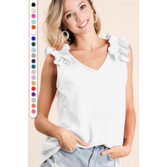 White V Neck Top With Ruffle Shoulder - Picture 2 of 3